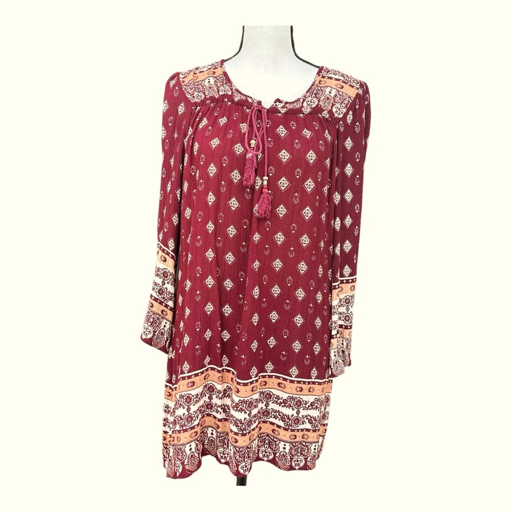 Angie‎ Women's Top Tunic Boho 3/4  Sleeve Rayon Tie Neck Pullover Wine Small